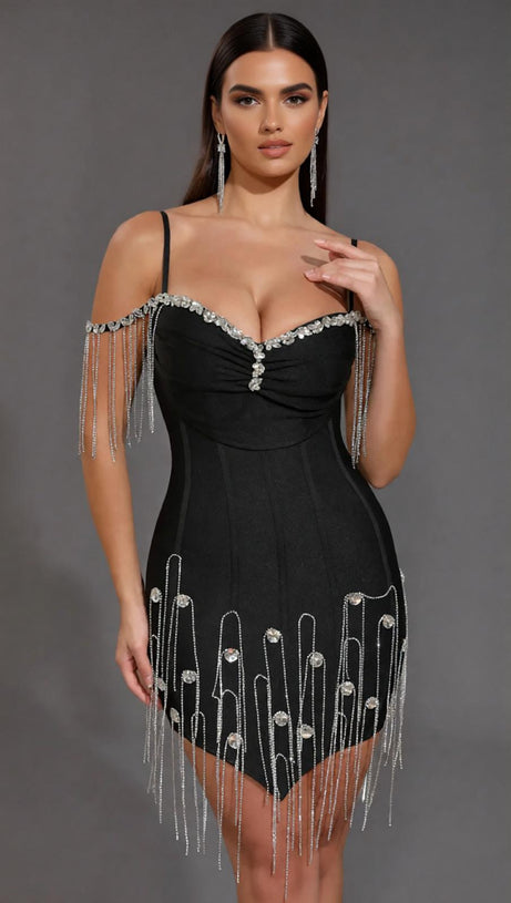 Dazzling Diamante Tassel Bandage Mini Dress - Glamorous Off-Shoulder Club & Partywear