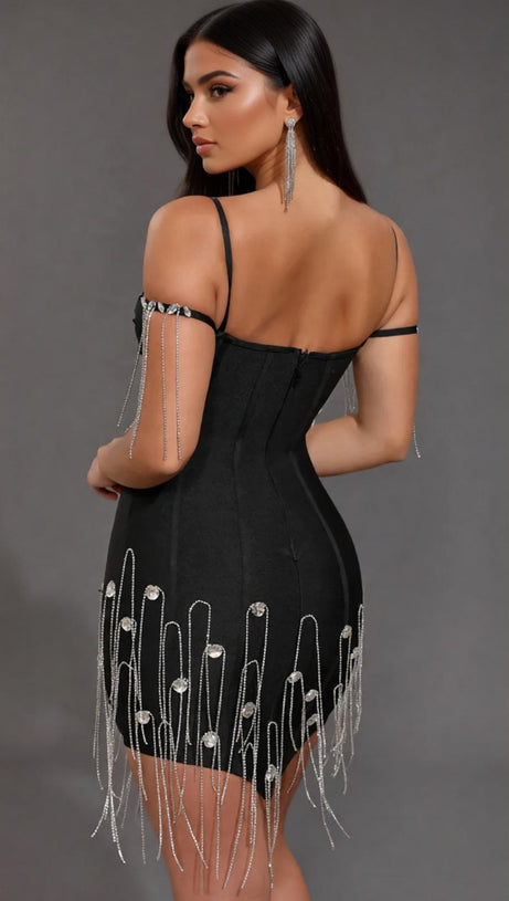 Dazzling Diamante Tassel Bandage Mini Dress - Glamorous Off-Shoulder Club & Partywear