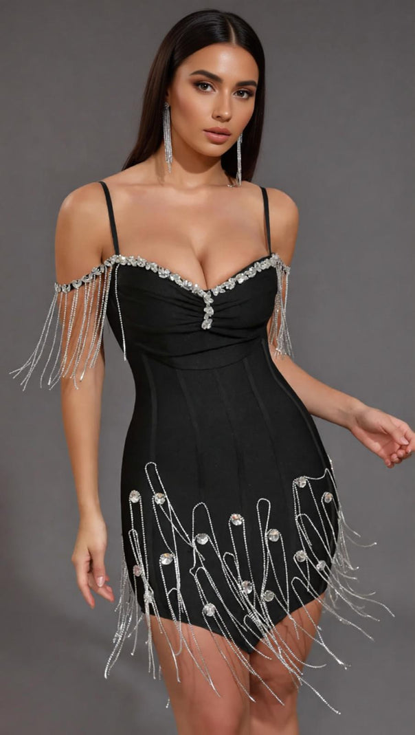AIIZIE Dazzling Diamante Tassel Bandage Mini Dress - Glamorous Off-Shoulder Club & Partywear - product image
