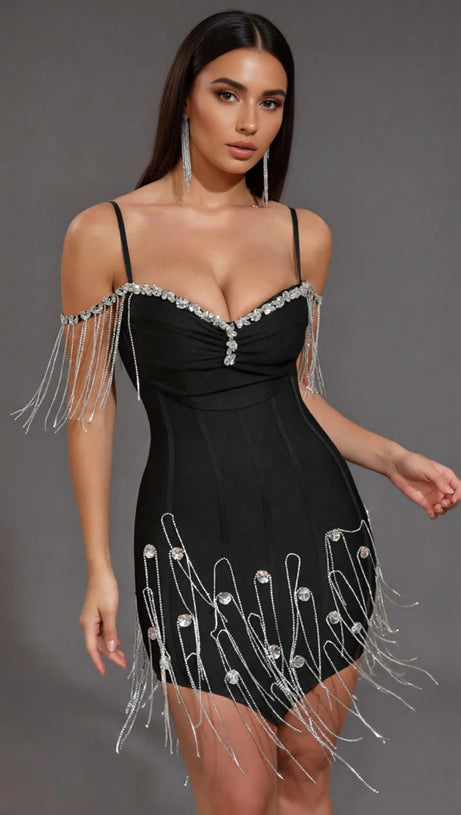 Dazzling Diamante Tassel Bandage Mini Dress - Glamorous Off-Shoulder Club & Partywear