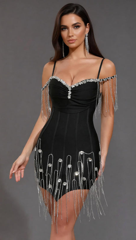 Dazzling Diamante Tassel Bandage Mini Dress - Glamorous Off-Shoulder Club & Partywear
