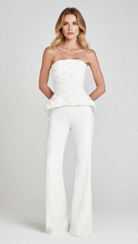 Jerusha White Floral Peplum Top & Tailored Wide-Leg Pants Set