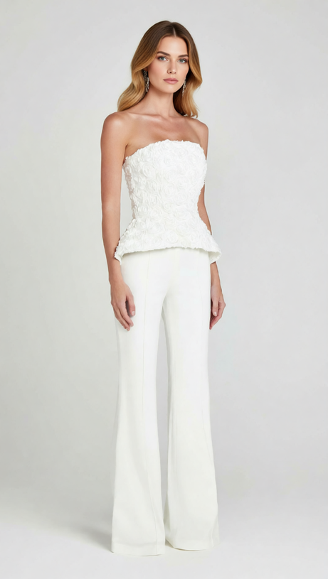 Jerusha White Floral Peplum Top & Tailored Wide-Leg Pants Set