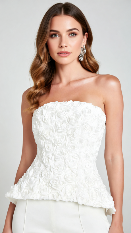 Jerusha White Floral Peplum Top & Tailored Wide-Leg Pants Set