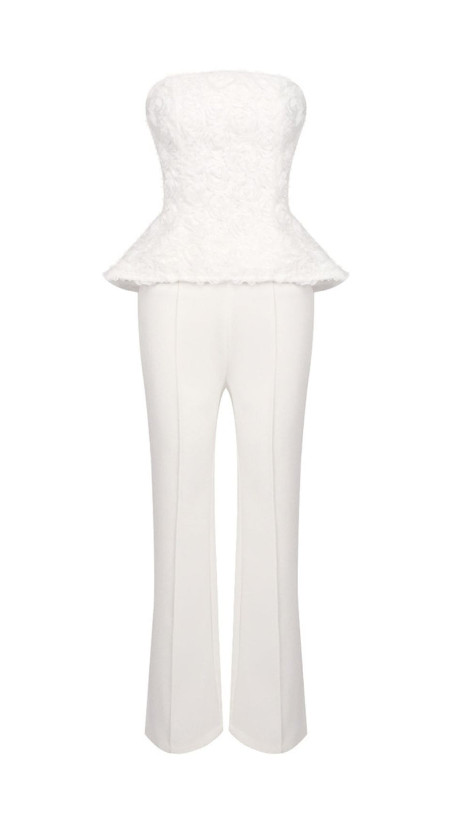 Jerusha White Floral Peplum Top & Tailored Wide-Leg Pants Set