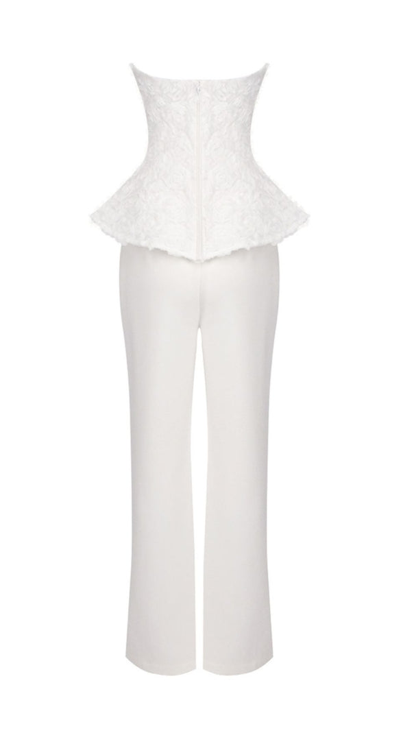 AIIZIE Jerusha White Floral Peplum Top & Tailored Wide-Leg Pants Set - product image