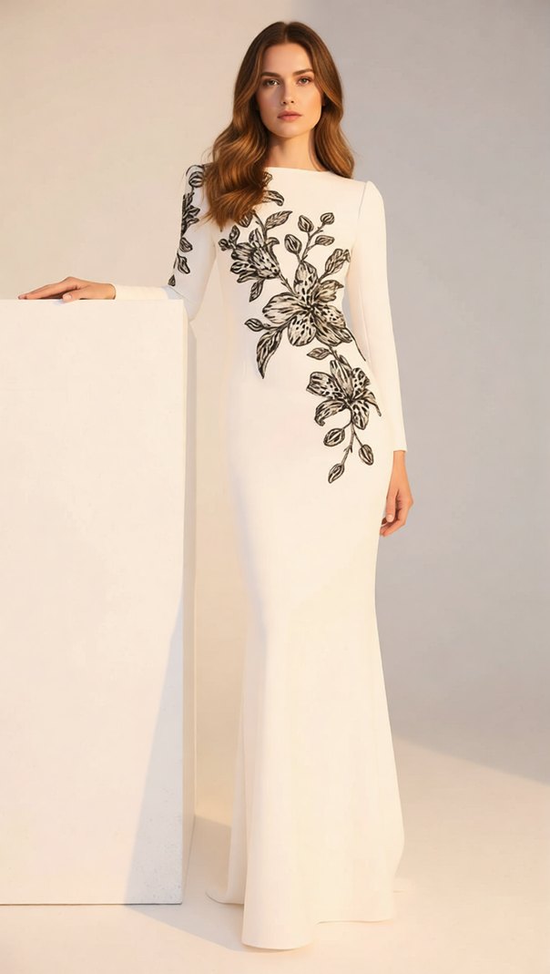 AIIZIE Jessica White Floral Embellished Evening Gown - Elegant Black & White Formal Dress - product image