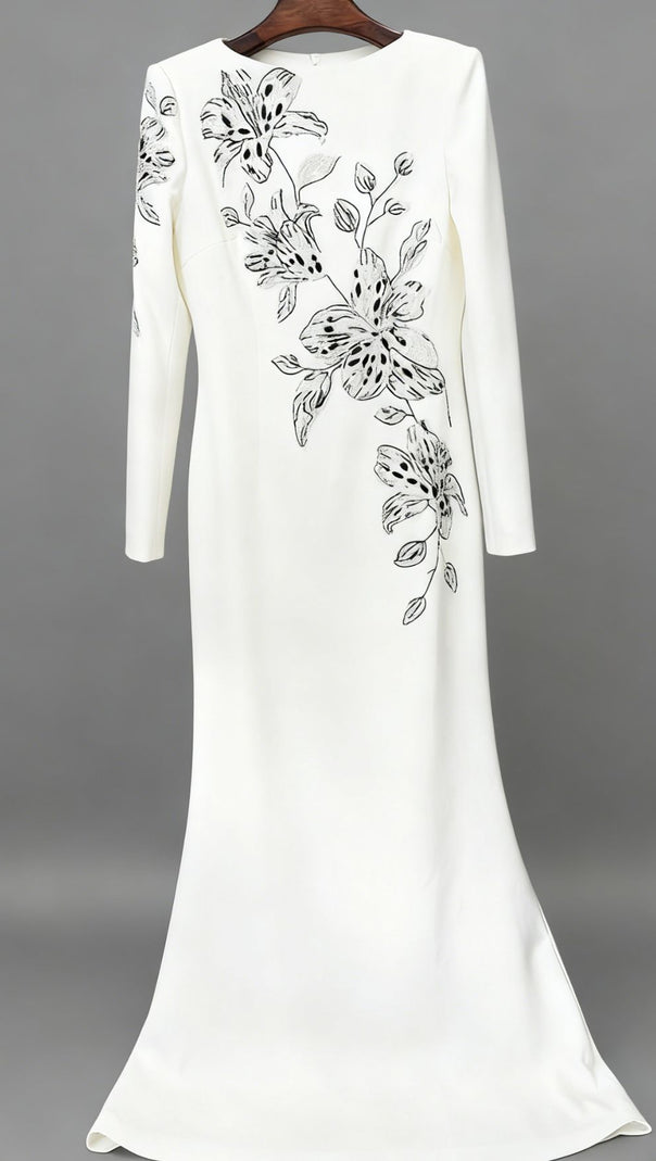 AIIZIE Jessica White Floral Embellished Evening Gown - Elegant Black & White Formal Dress - product image