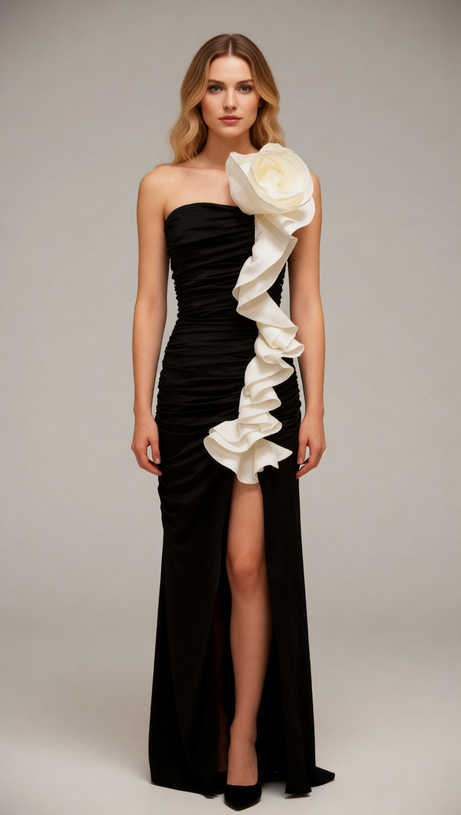 Jessie Black Strapless Floral Ruffle Maxi Gown - Elegant Evening & Gala Dress