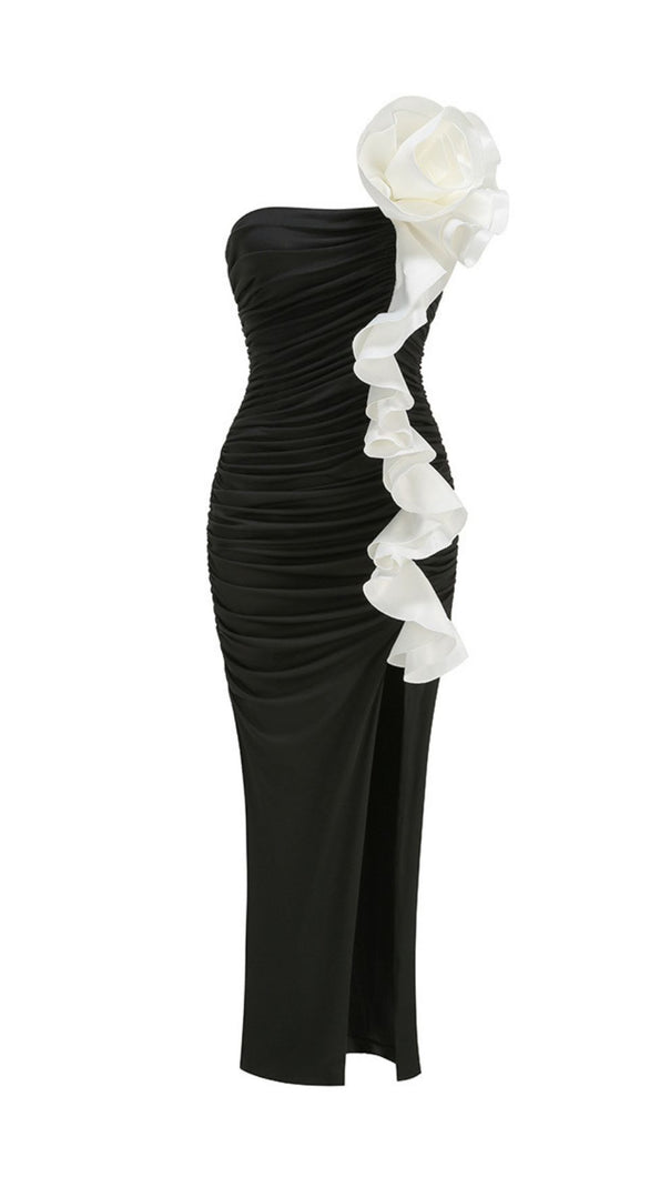 AIIZIE Jessie Black Strapless Floral Ruffle Maxi Gown - Elegant Evening & Gala Dress - product image