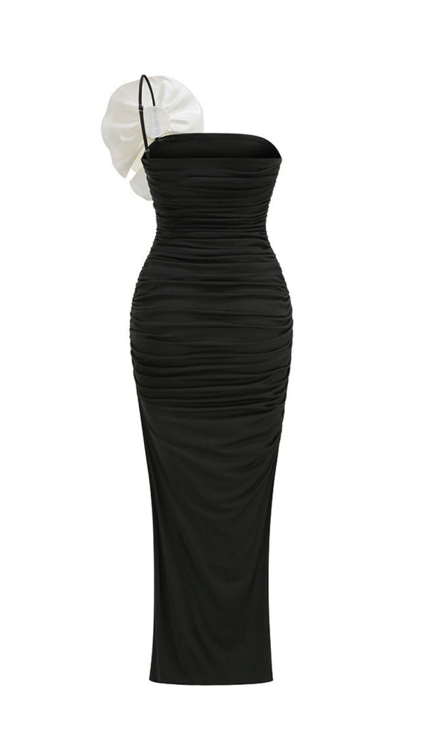 AIIZIE Jessie Black Strapless Floral Ruffle Maxi Gown - Elegant Evening & Gala Dress - product image