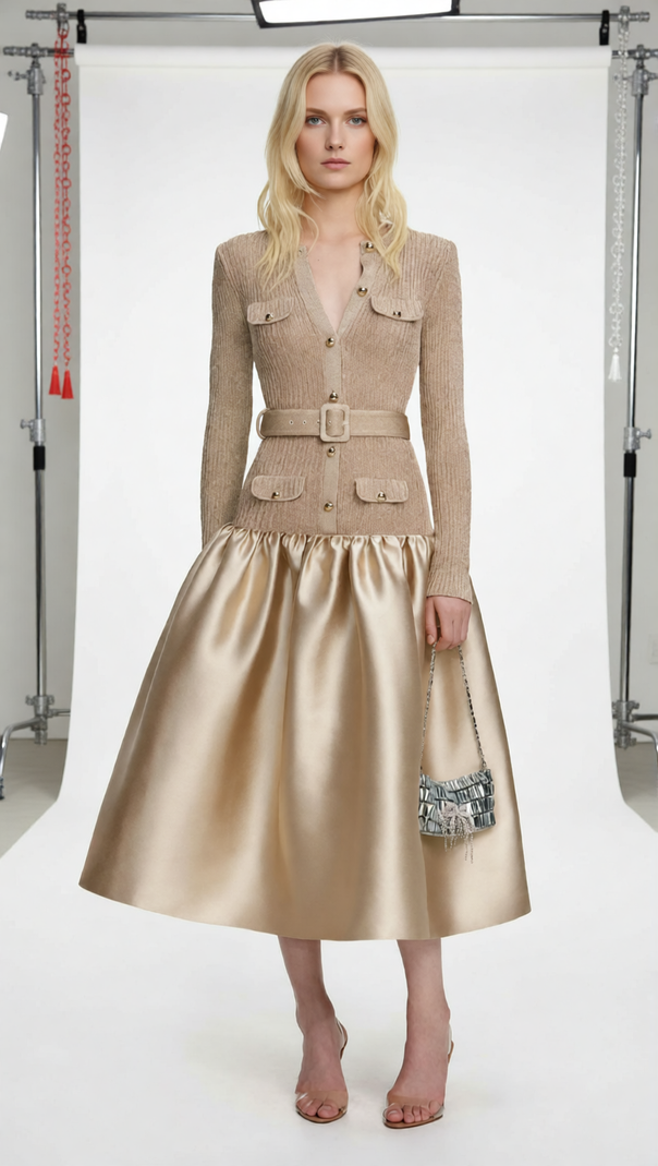 AIIZIE Glamorous Jetje Gold Shimmer Knit & Satin Belted Midi Dress - product image