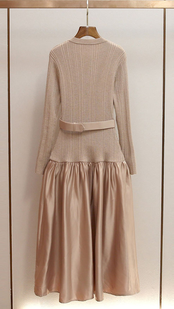 AIIZIE Glamorous Jetje Gold Shimmer Knit & Satin Belted Midi Dress - product image