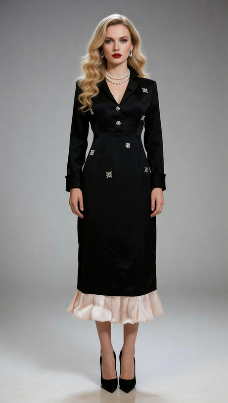 Jetta Black Sparkle & Ruffle Midi Dress - Elegant Long Sleeve Design