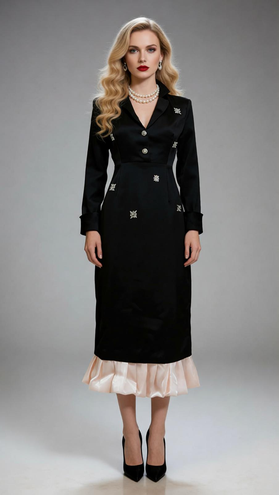 Jetta Black Sparkle & Ruffle Midi Dress - Elegant Long Sleeve Design