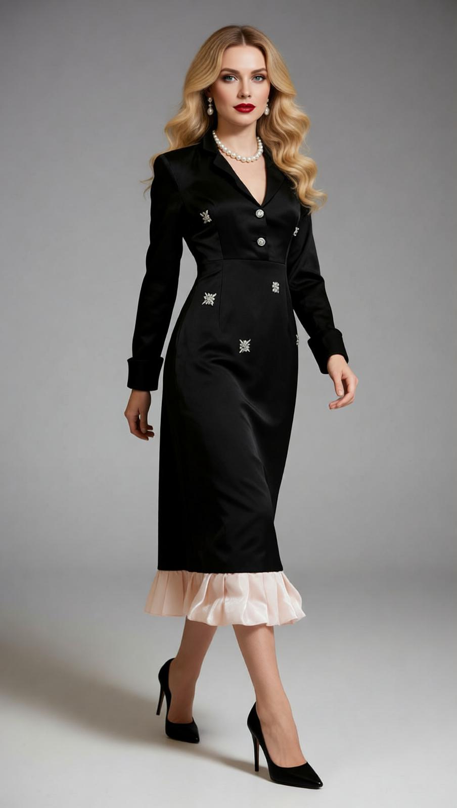 Jetta Black Sparkle & Ruffle Midi Dress - Elegant Long Sleeve Design