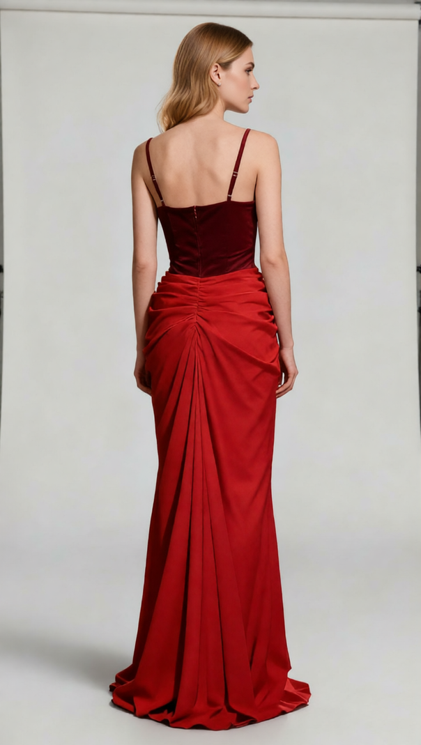 AIIZIE Jette Red Velvet Draped Maxi Gown | Elegant Formal Evening Dress - product image