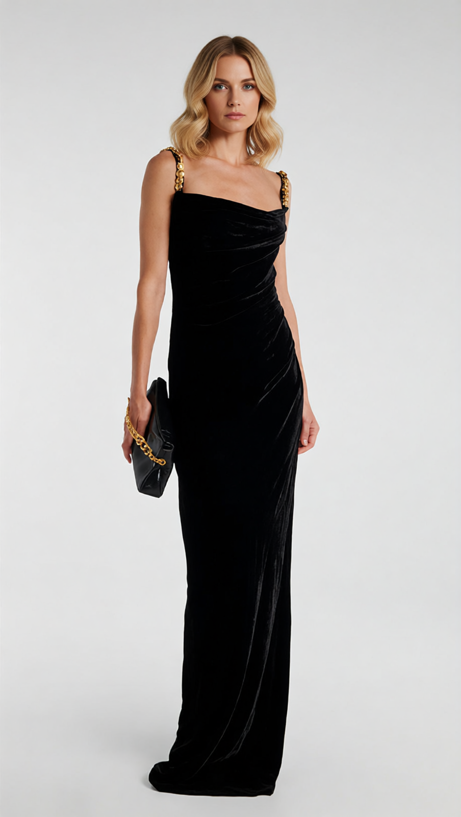 Opulent Black Velvet Maxi Dress with Draped Bodice & Gold Chain Straps