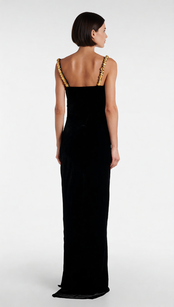 AIIZIE Opulent Black Velvet Maxi Dress with Draped Bodice & Gold Chain Straps - product image