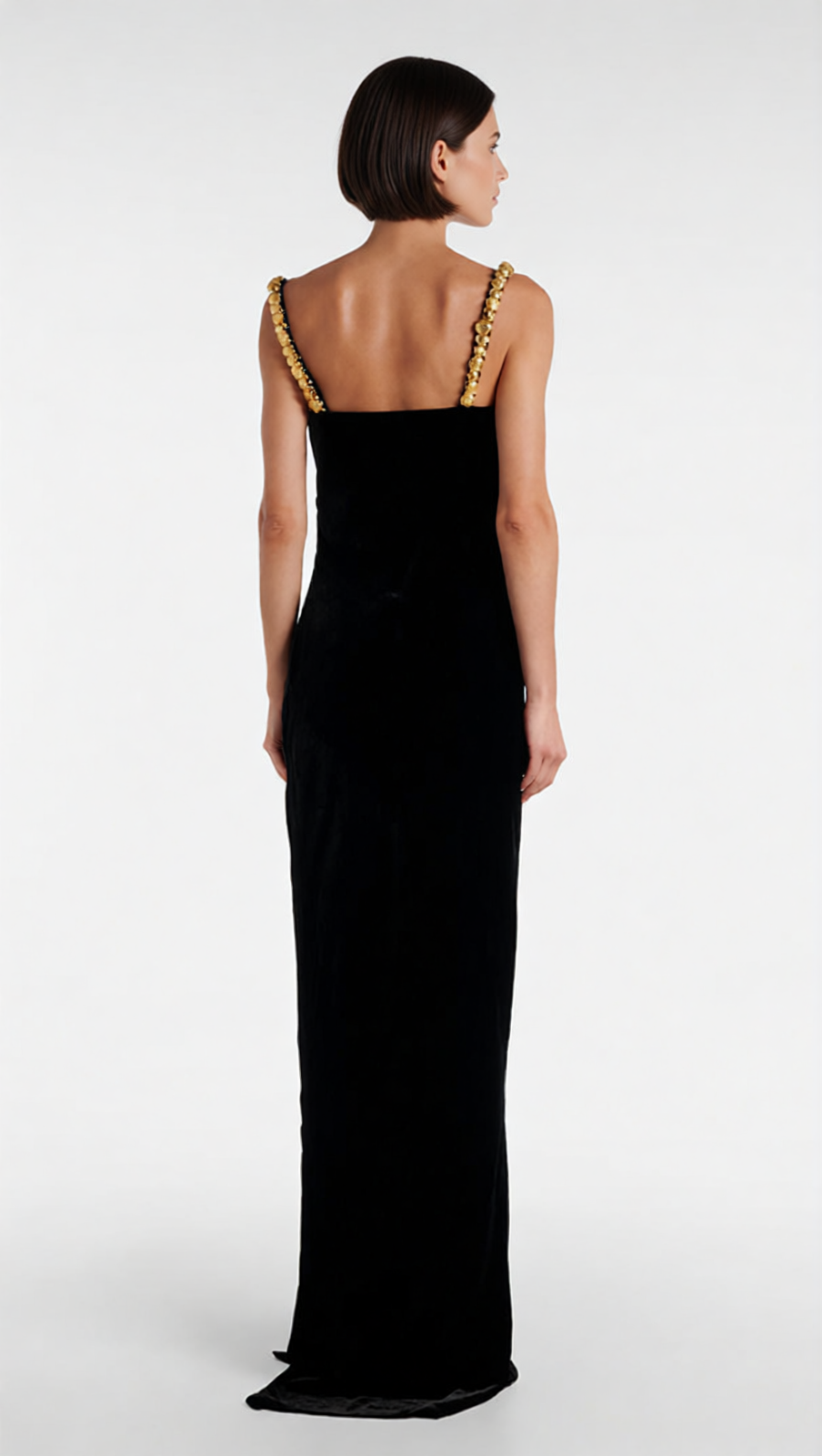 Opulent Black Velvet Maxi Dress with Draped Bodice & Gold Chain Straps
