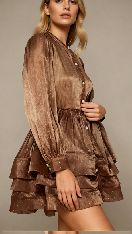 Jezebel Shimmer Tiered Mini Dress with Puff Sleeves