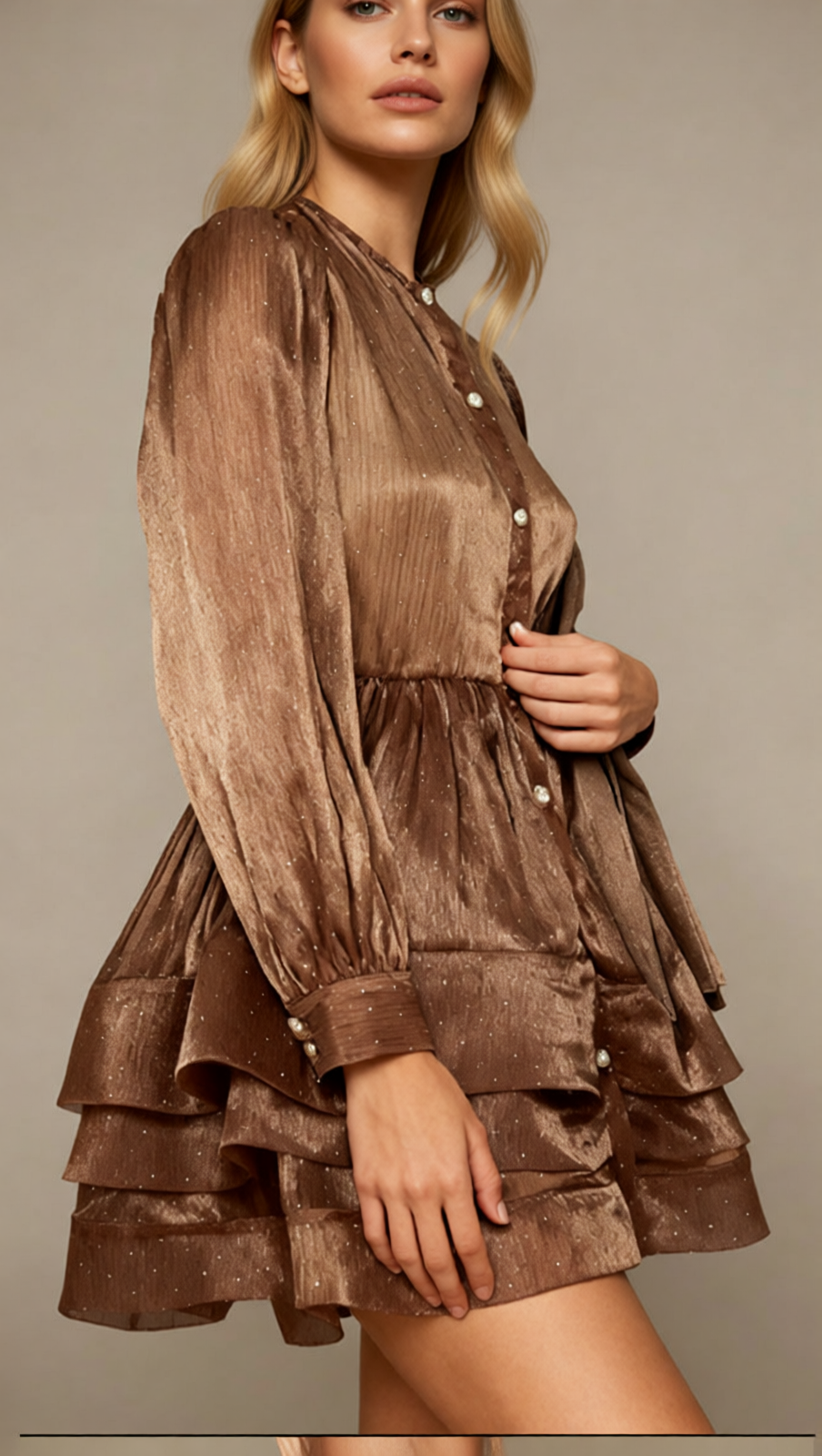 Jezebel Shimmer Tiered Mini Dress with Puff Sleeves