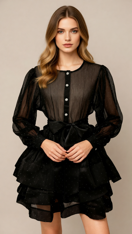 Jezebel Shimmer Tiered Mini Dress with Puff Sleeves