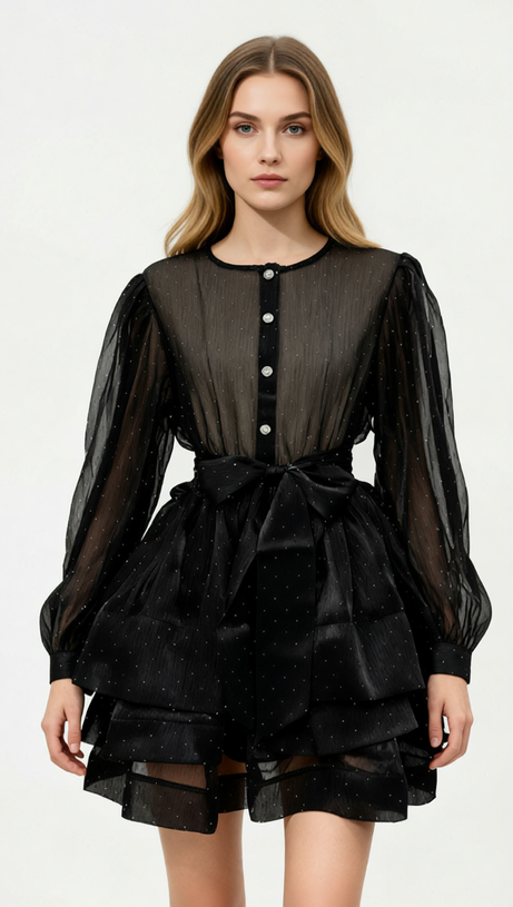 Jezebel Shimmer Tiered Mini Dress with Puff Sleeves
