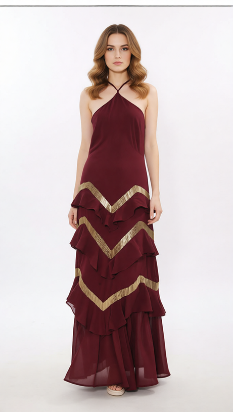 Jia Wine Red Halter Maxi Dress with Golden Chevron Ruffles