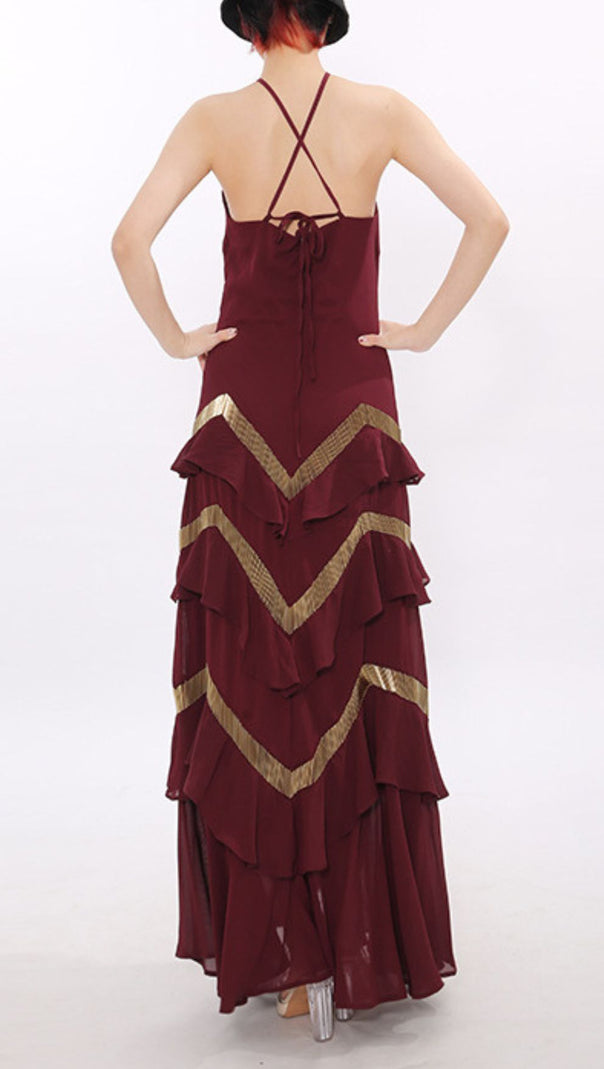AIIZIE Jia Wine Red Halter Maxi Dress with Golden Chevron Ruffles - product image