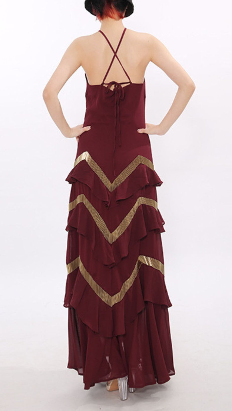 Jia Wine Red Halter Maxi Dress with Golden Chevron Ruffles