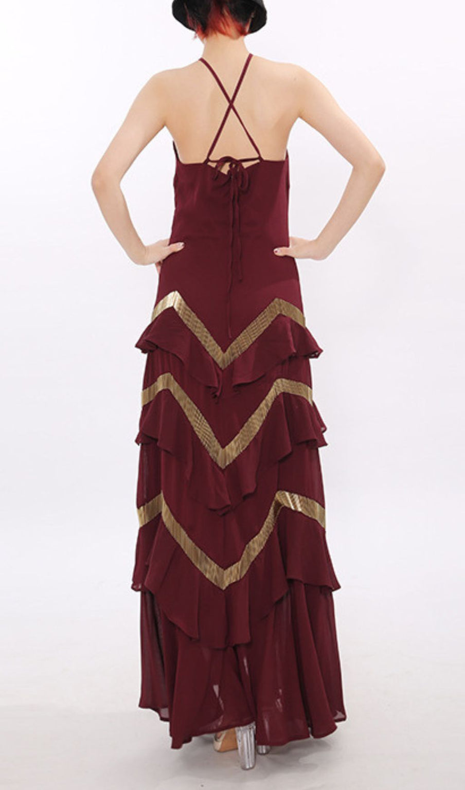 Jia Wine Red Halter Maxi Dress with Golden Chevron Ruffles