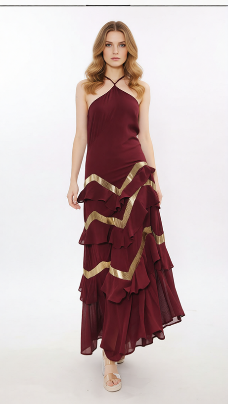 Jia Wine Red Halter Maxi Dress with Golden Chevron Ruffles