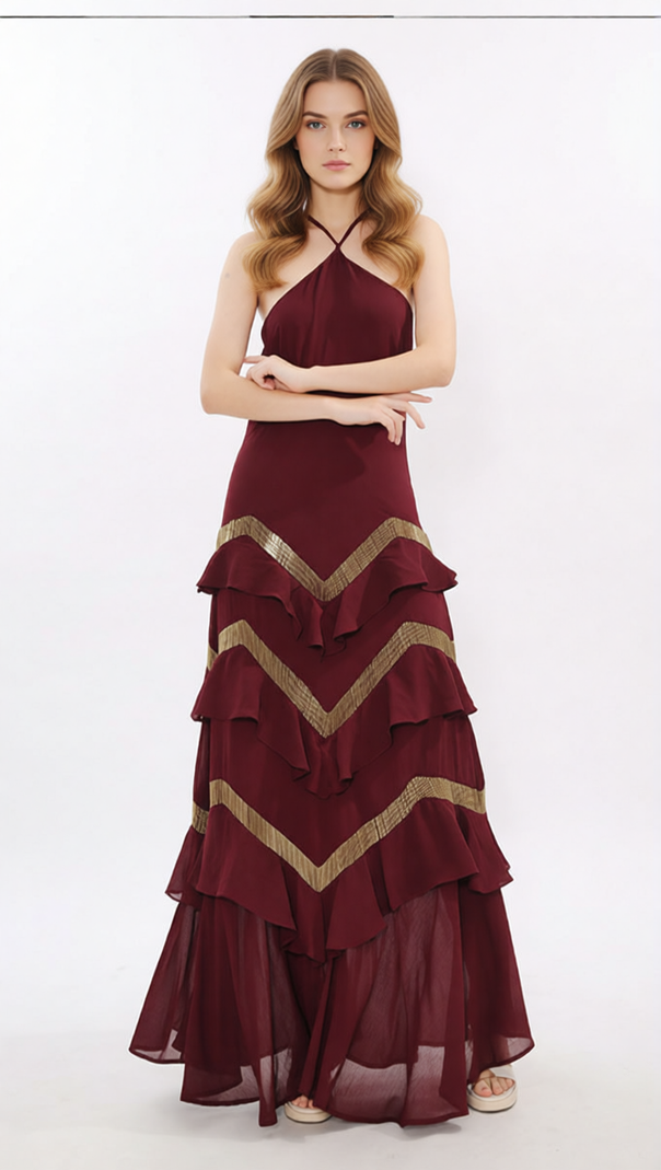 AIIZIE Jia Wine Red Halter Maxi Dress with Golden Chevron Ruffles - product image