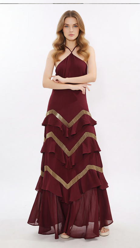 Jia Wine Red Halter Maxi Dress with Golden Chevron Ruffles