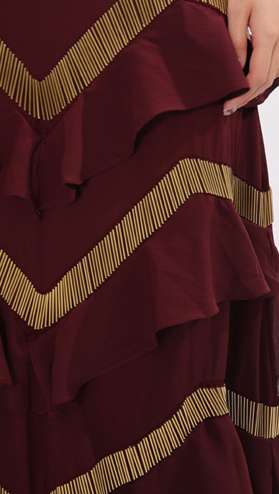 Jia Wine Red Halter Maxi Dress with Golden Chevron Ruffles