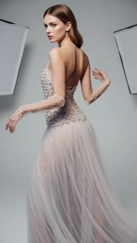 Jillian Glamorous Strapless Beaded Mesh Maxi Gown with High Slit