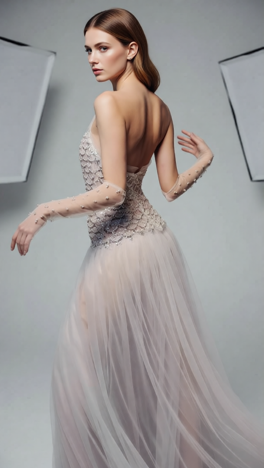 Jillian Glamorous Strapless Beaded Mesh Maxi Gown with High Slit