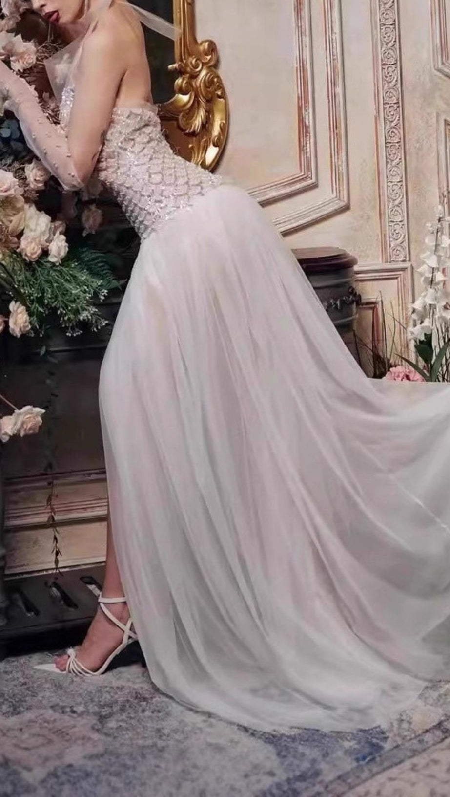 Jillian Glamorous Strapless Beaded Mesh Maxi Gown with High Slit