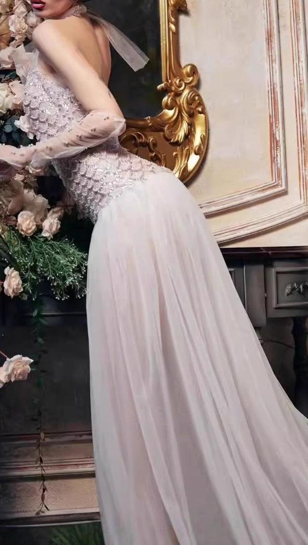 AIIZIE Jillian Glamorous Strapless Beaded Mesh Maxi Gown with High Slit - product image