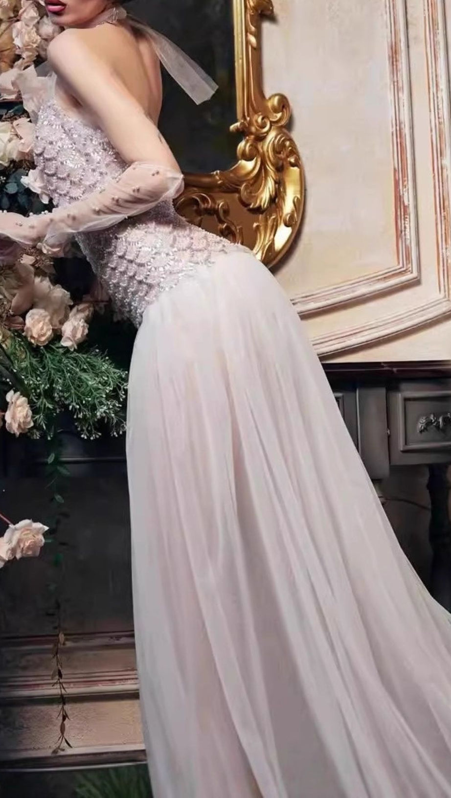 Jillian Glamorous Strapless Beaded Mesh Maxi Gown with High Slit