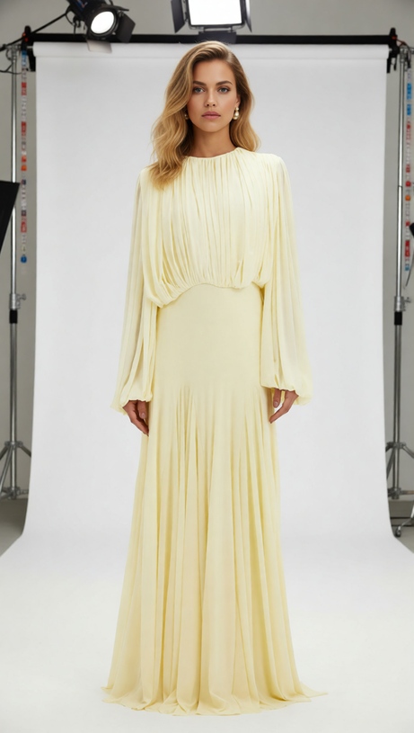 Jimena Yellow Pleated Maxi Dress | Elegant Long Sleeve Gown