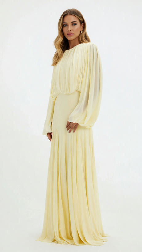 Jimena Yellow Pleated Maxi Dress | Elegant Long Sleeve Gown