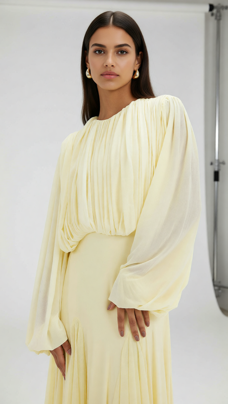 Jimena Yellow Pleated Maxi Dress | Elegant Long Sleeve Gown