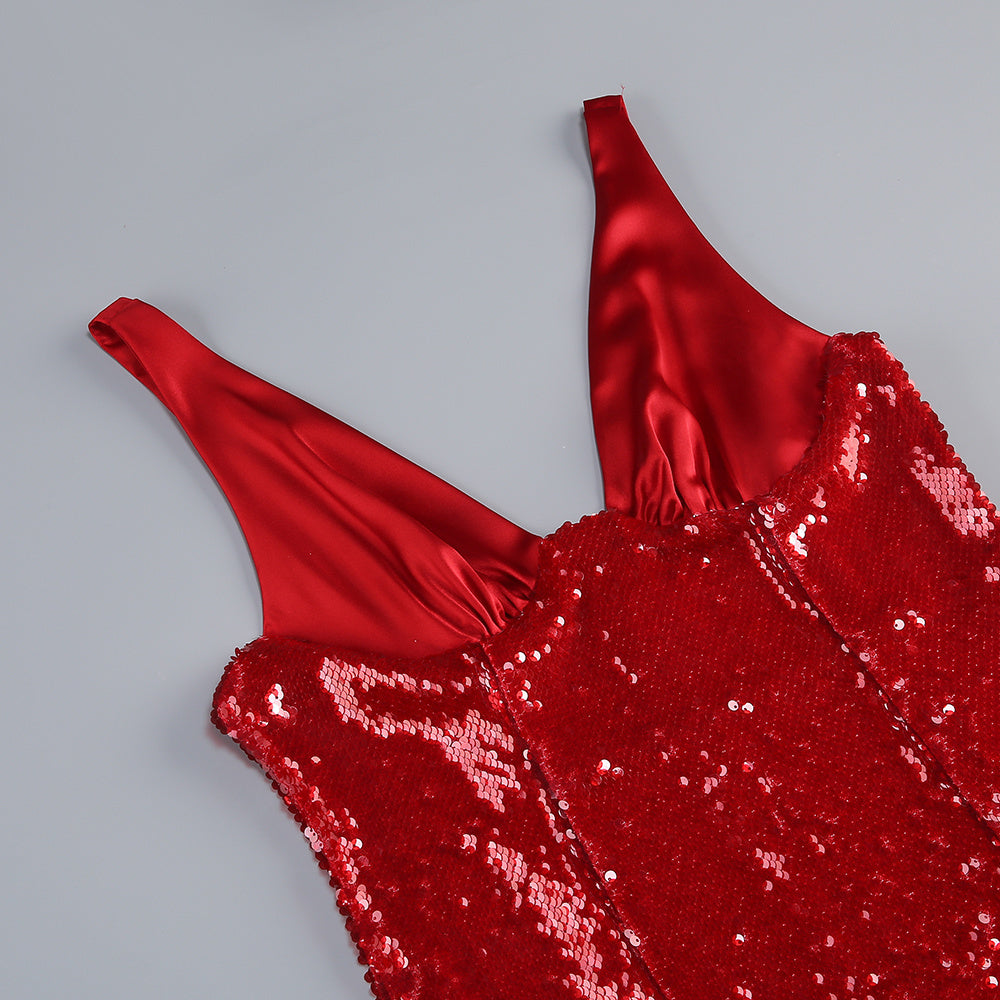 AIIZIE Jin Red Sequin Maxi Dress | Glamorous Deep V-Neck Gown - product image