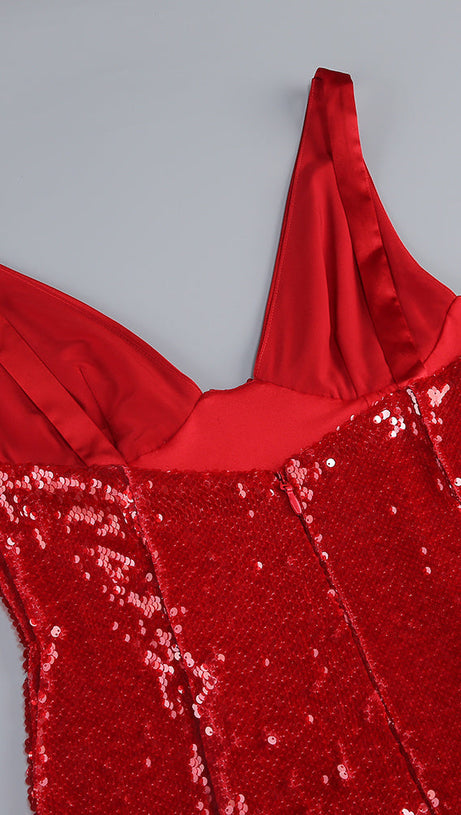 Jin Red Sequin Maxi Dress | Glamorous Deep V-Neck Gown