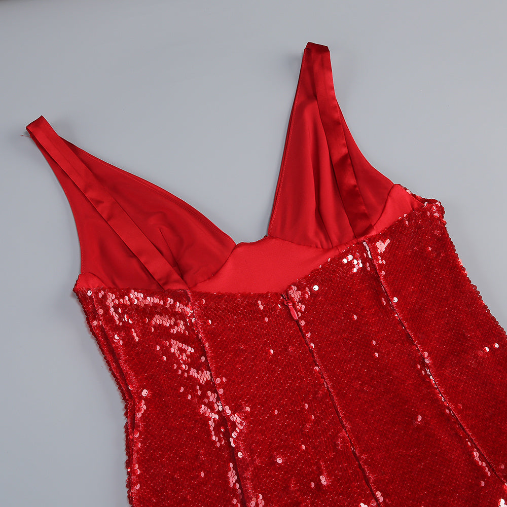 AIIZIE Jin Red Sequin Maxi Dress | Glamorous Deep V-Neck Gown - product image