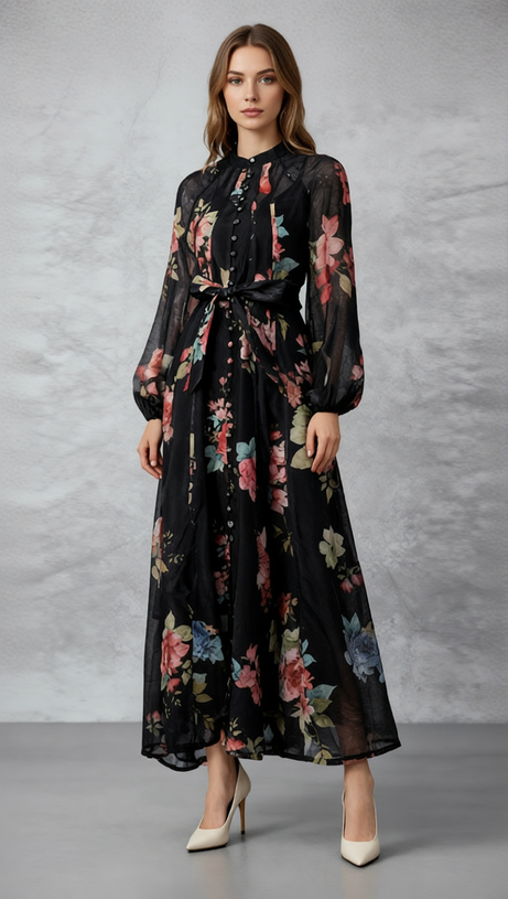 Jitka Black Floral Maxi Dress - Elegant Long Sleeve Button-Front Gown for Women