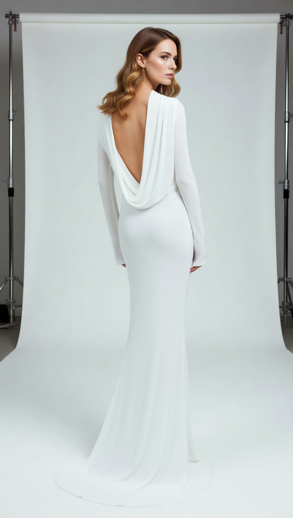 AIIZIE Joachim White Backless Long Sleeve Maxi Gown | Elegant Bridal & Formal Dress - product image