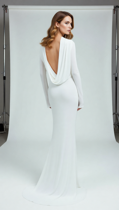 Joachim White Backless Long Sleeve Maxi Gown | Elegant Bridal & Formal Dress